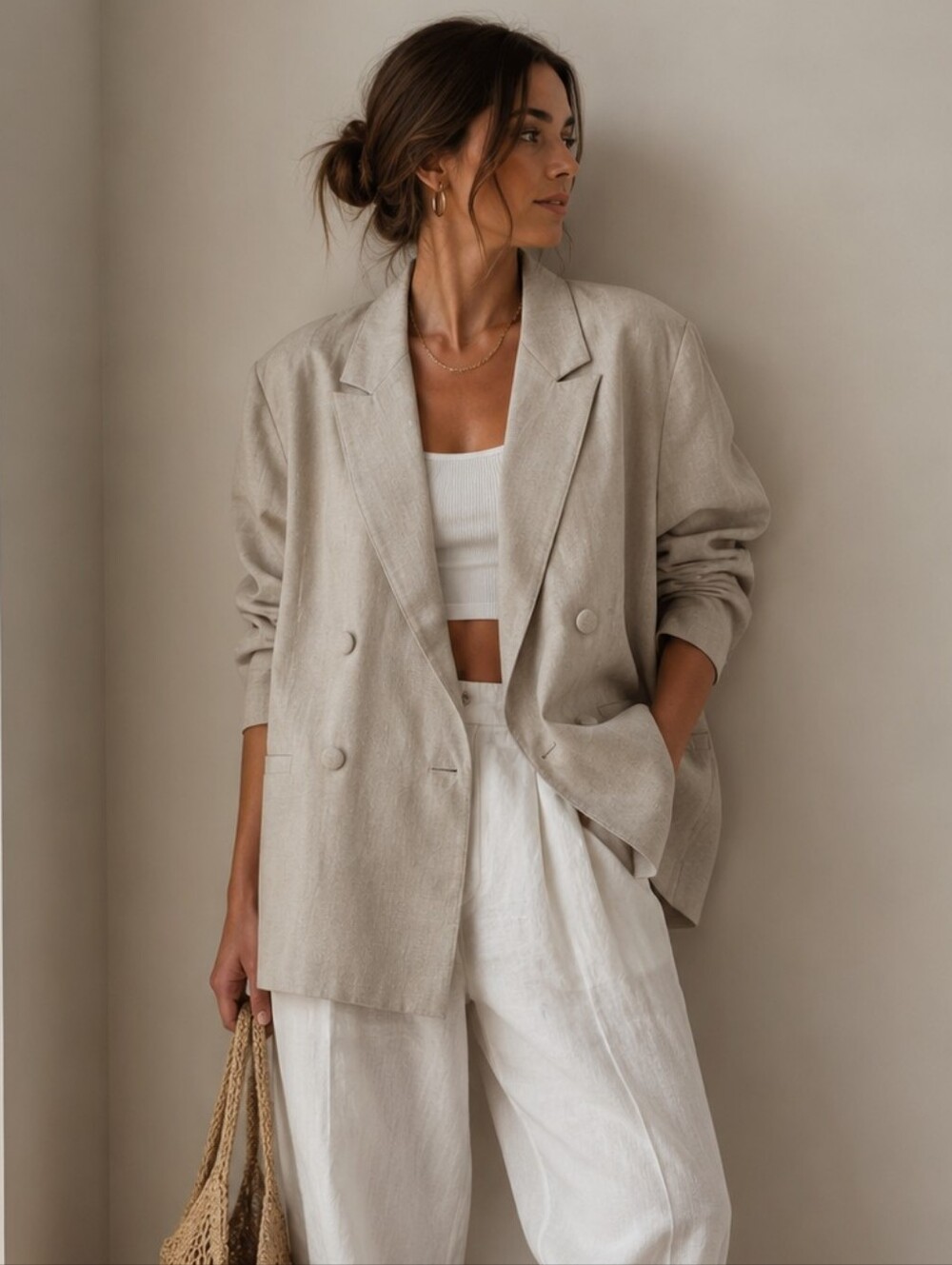 Double-Breasted Light Beige/Gray Blazer Oversized Jacket